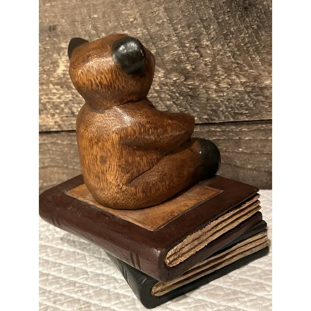 Vintage‎ Carved Wood Teddy Brown Bear Figurine on Books Nursery Paperweight